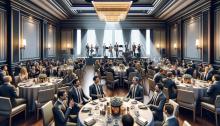 showcases a sophisticated corporate event with a live band and engaged employees